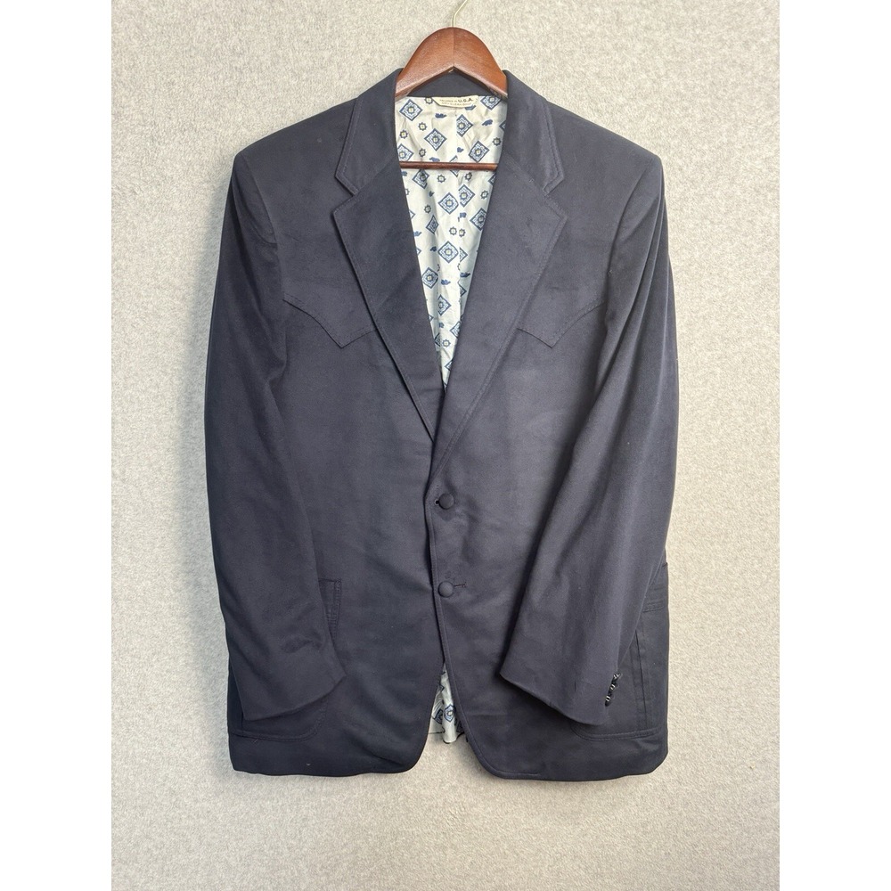 VTG Prestige West Cowboy Cut Blazer 42L‎ USA Flag Lining Navy Suede Look